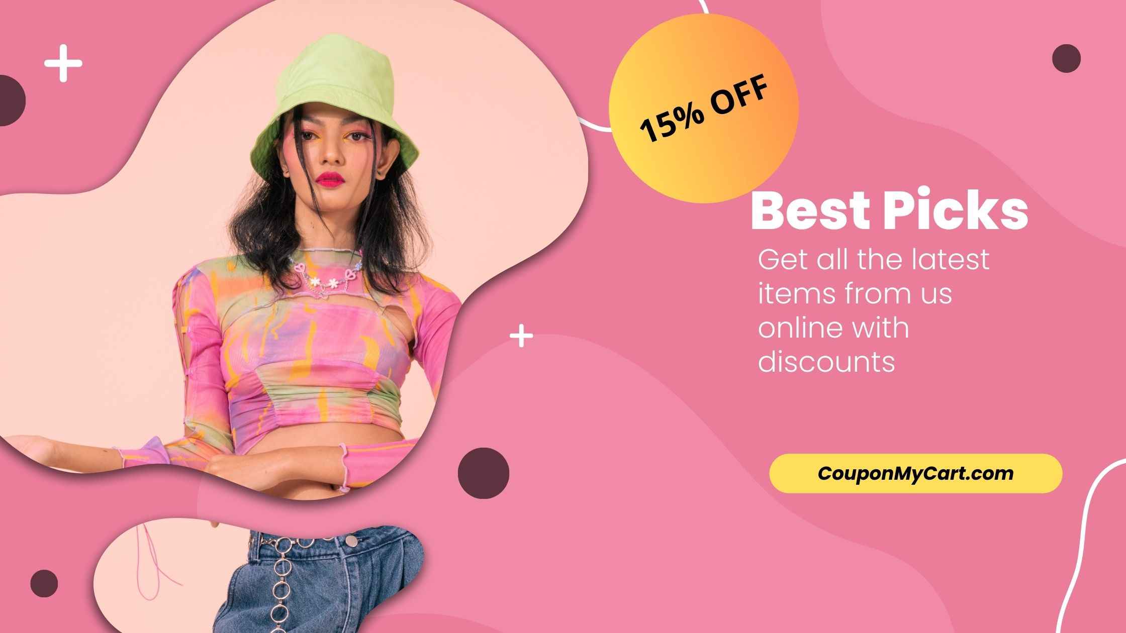 a girl in cap is standing and pink ground written Best picks for discounts and deals